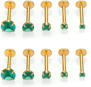 10Pcs 16G Emerald CZ Stainless Steel Lip Rings Internally Threaded Labret Lip Studs Monroe Medusa Piercing Jewelry Conch Helix Cartilage Studs Earrings 6mm 8mm 10mm