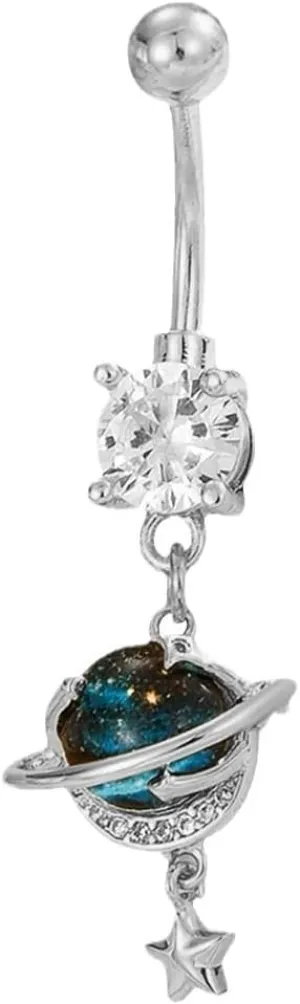 14G Planet Dangle Belly Button Ring for Women Dainty CZ Starry Sky Star Belly Rings Surgical Steel Belly Curved Barbell Dangling Navel Piercing Jewelry