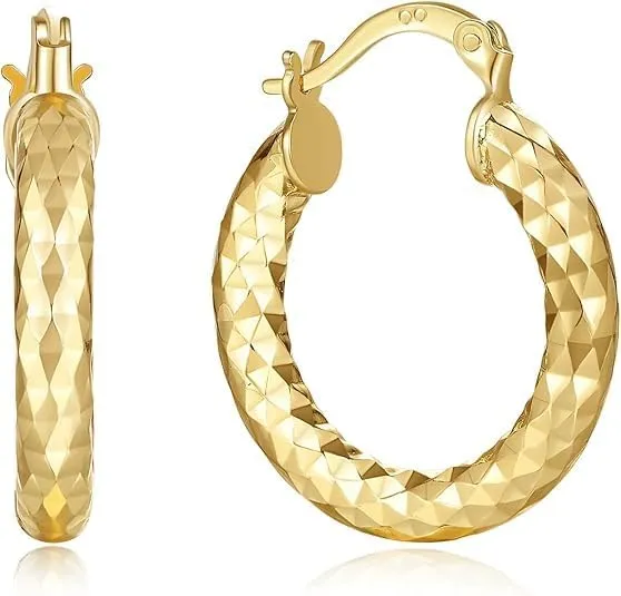 14K Gold Hoop Earrings for Women,Gold Earrings for Women Hand Engraved Diamond-Cut Round Hoop Earrings (30mm)