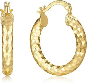 14K Gold Hoop Earrings for Women,Gold Earrings for Women Hand Engraved Diamond-Cut Round Hoop Earrings (30mm)