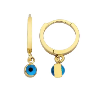 14K Real Solid Gold Two Sided Evil Eye Dangle Drop Hoops Earrings for Kids Teen Girls, Nazar Jewelry for Baby, Birthday Gift for Baby Girl