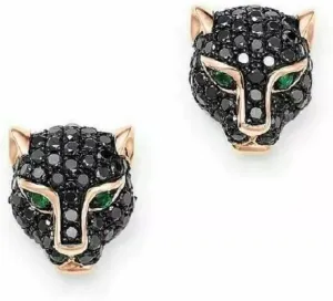 14K Rose Gold Finish Round Cut Black Diamond 925 Sterling Silver Panther Style Stud Earrings