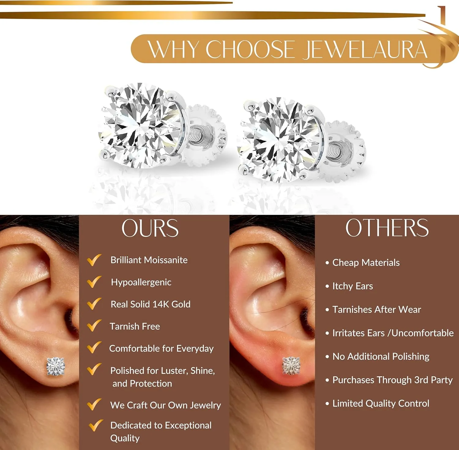 14K Solid White or Yellow Gold Lab Grown Moissanite Stud Earrings  Round, Oval, or Cushion Cut  Screw Back or Push Back  Luxury Fine Jewelry Gift for Women  by Jewelaura
