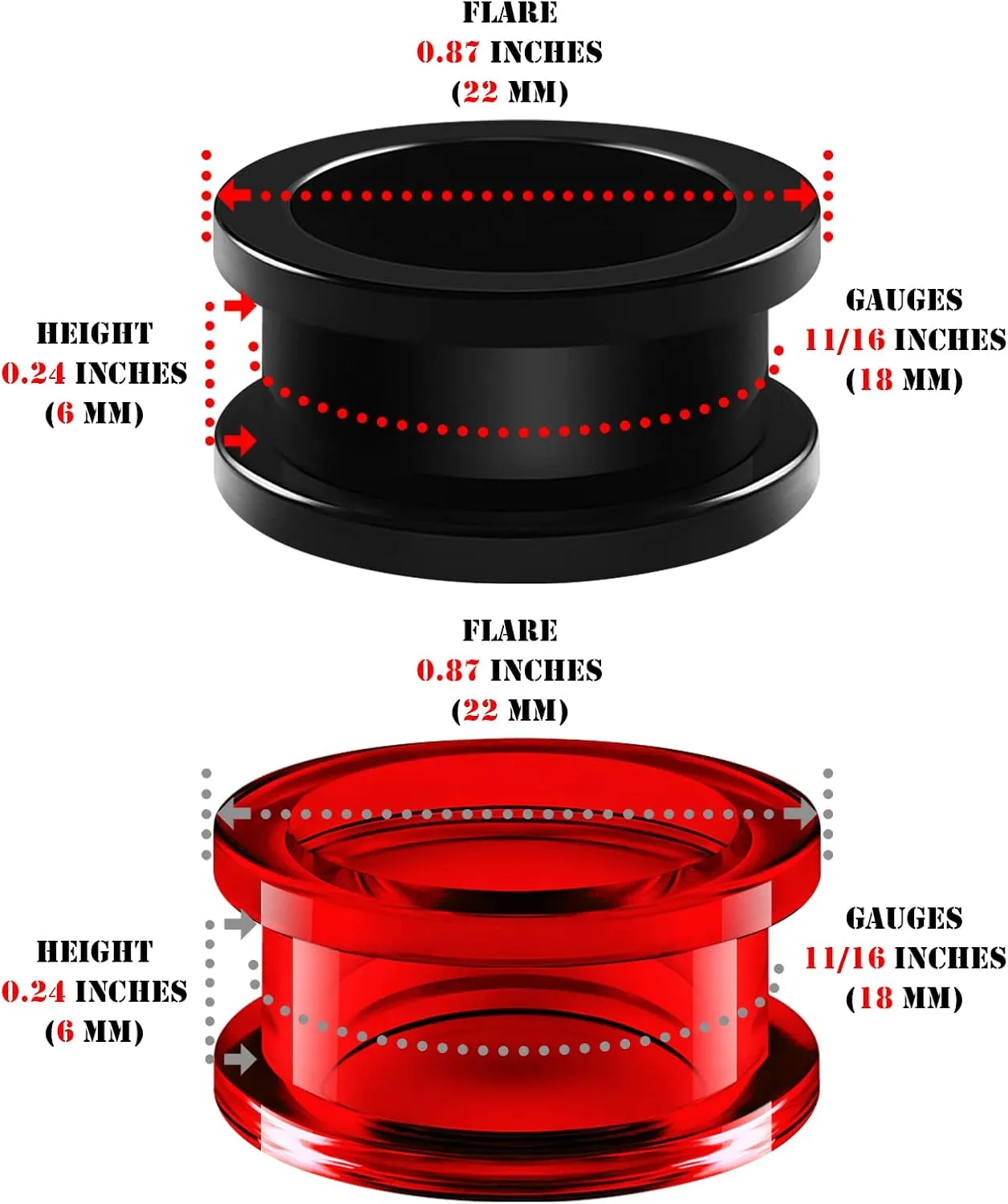 2 Pairs Black Acrylic Red Flesh Tunnels Piercing Jewelry Stretcher Screw-fit Ear Ring Gauges Earring Lobe Plugs