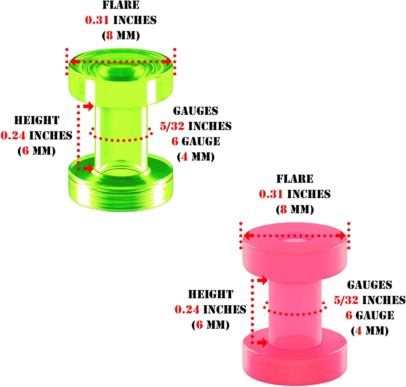 2 Pairs Green Purple Pink Acrylic Screw-fit flesh Tunnels Piercing Jewelry Stretcher Ear Earring Lobe Plugs