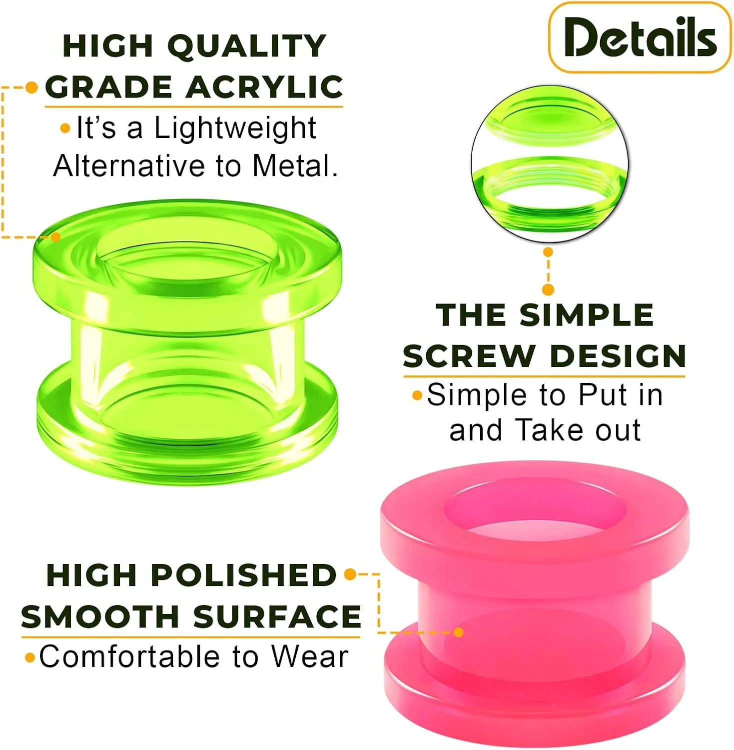 2 Pairs Green Purple Pink Acrylic Screw-fit flesh Tunnels Piercing Jewelry Stretcher Ear Earring Lobe Plugs