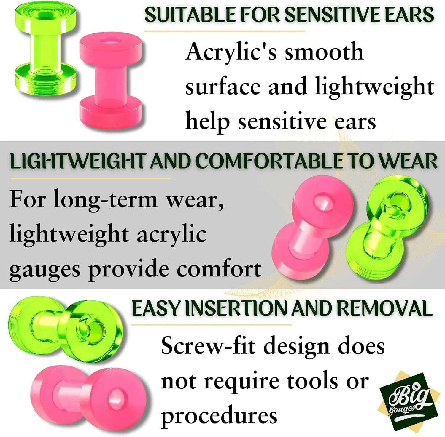 2 Pairs Green Purple Pink Acrylic Screw-fit flesh Tunnels Piercing Jewelry Stretcher Ear Earring Lobe Plugs