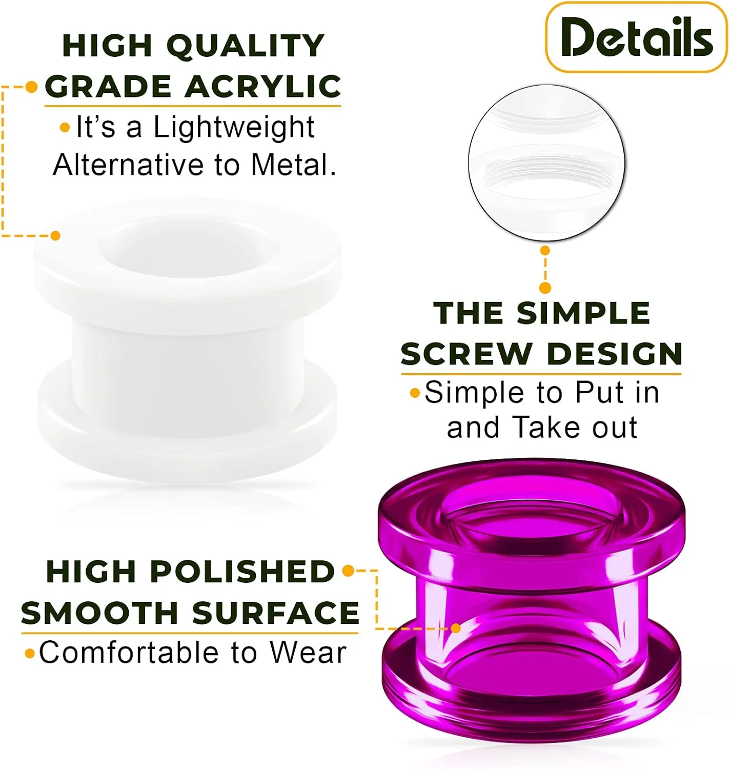 2 Pairs White Acrylic External Screw Flesh Tunnels Piercing Jewelry Stretcher Ear Earring Lobe Plugs