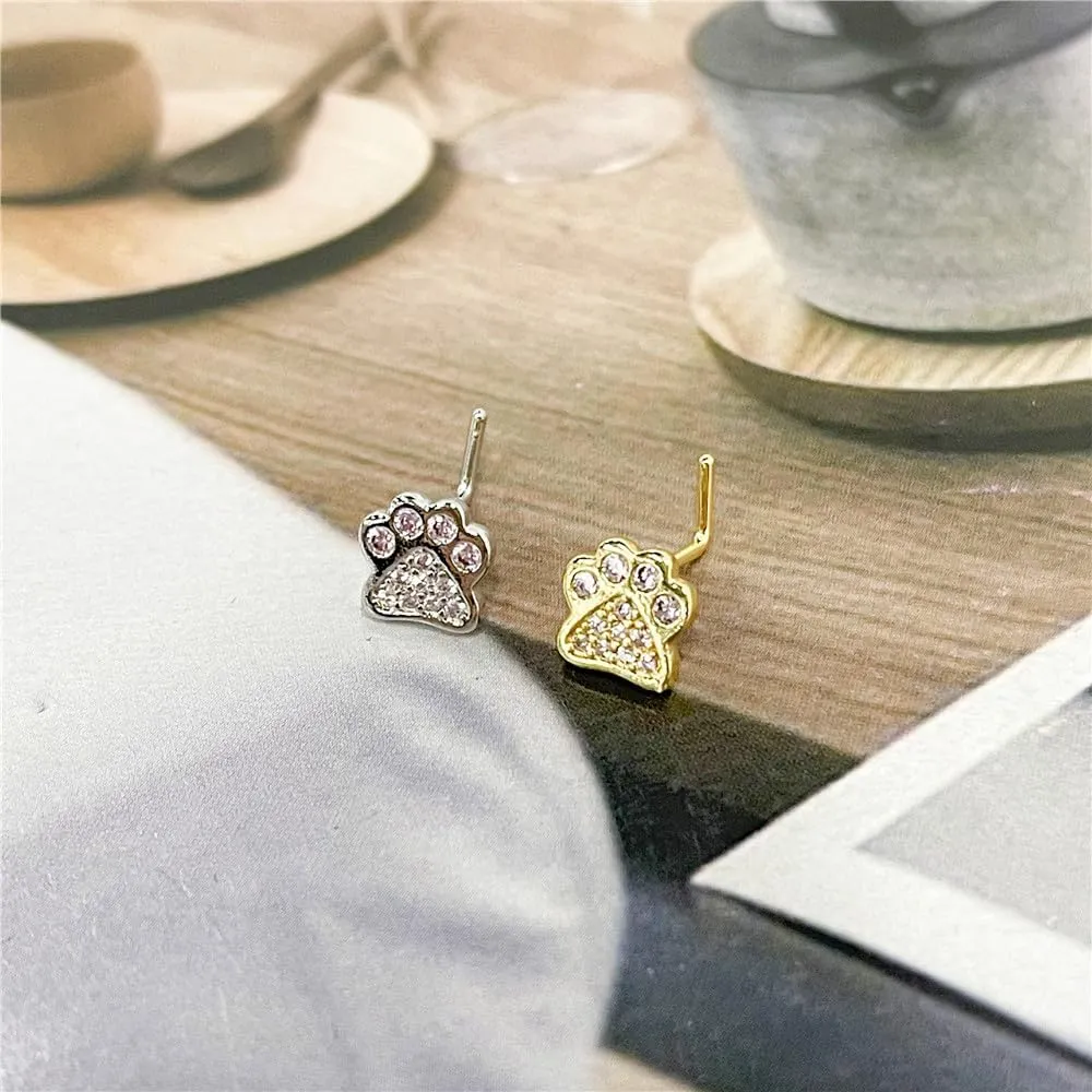 2Pcs 20G CZ Cat Paw L-Shaped Nose Rings Studs 316L Surgical Steel Nostril Piercing Jewelry Cute Body Piercings for Women