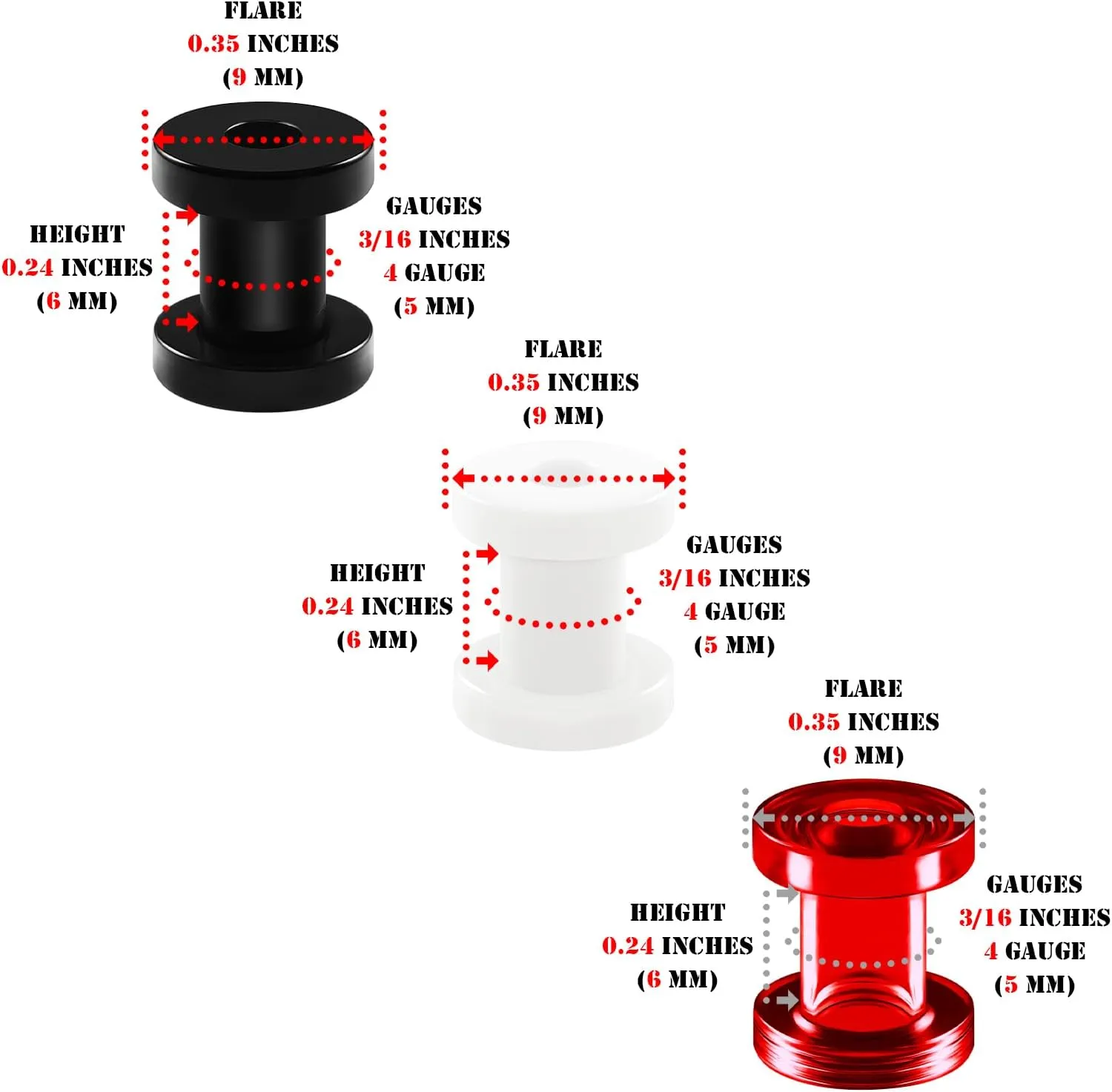 3 Pairs Black White Red Acrylic Screw flesh external Tunnels Piercing Jewelry Stretcher Ear Plugs Earring Lobe