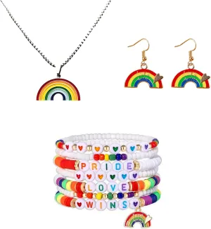 3 PCS Surfer Heishi Bracelets, LGBT Rainbow Flag Earring, Rainbow Necklace for Women Layering Friendship Bracelets Boho Summer Beach Jewelry, Pride Month Accessories