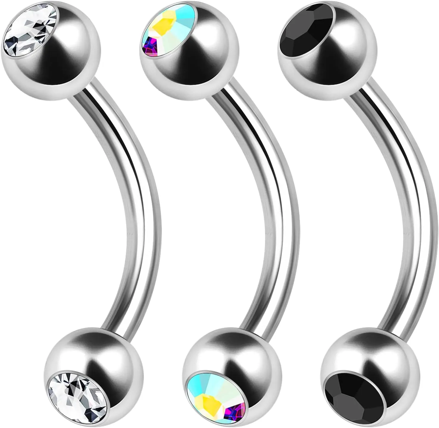 3PCS Surgical Steel Curved Barbell Bar 14 Gauge 5/16 8mm 4mm Crystal Ball Lobe Earrings Tragus Piercing Jewelry Choose Colors