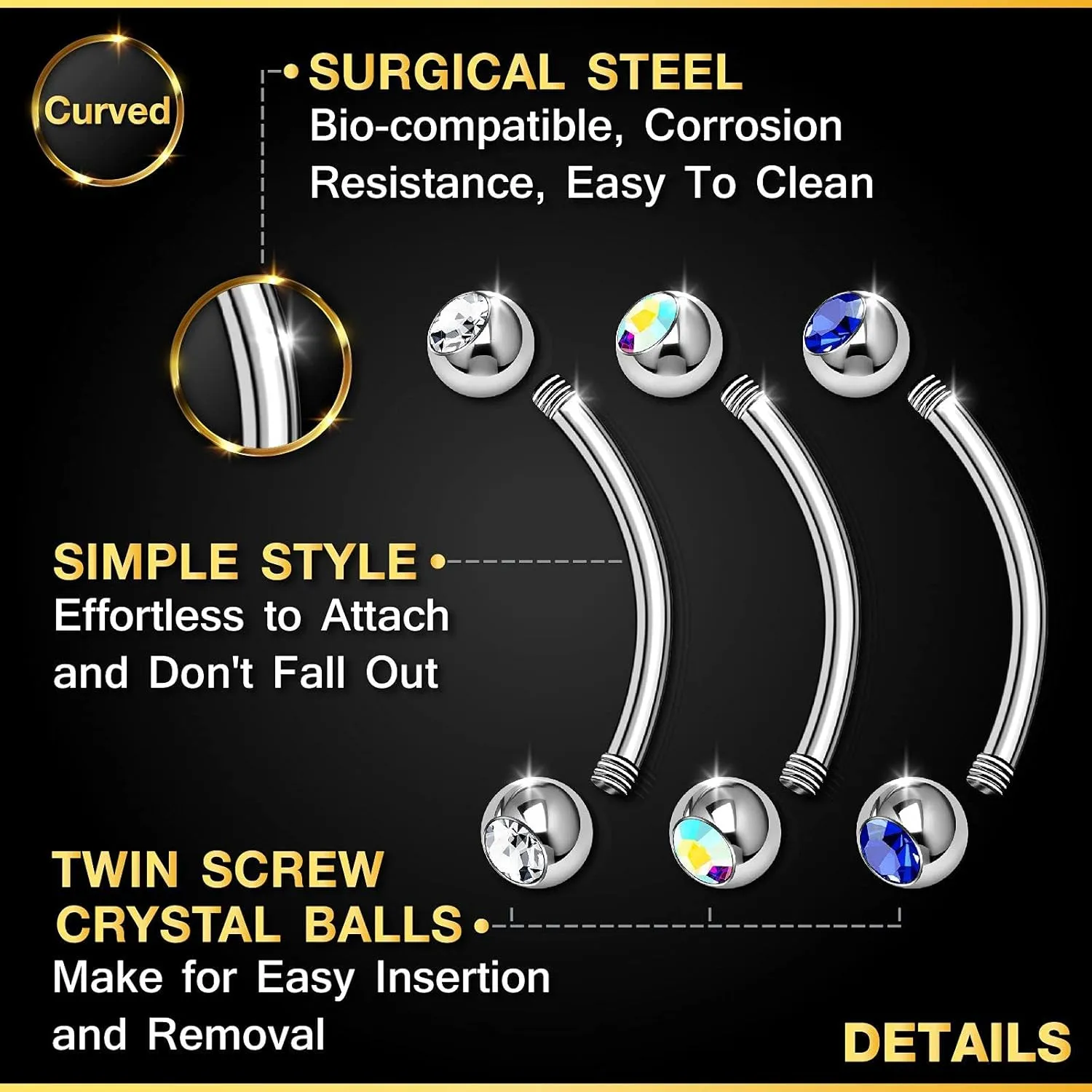 3PCS Surgical Steel Curved Barbell Bar 14 Gauge 5/16 8mm 4mm Crystal Ball Lobe Earrings Tragus Piercing Jewelry Choose Colors