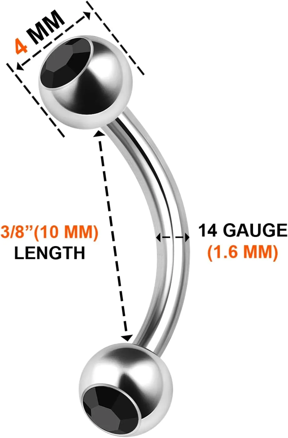 3PCS Surgical Steel Curved Barbell Bar 14 Gauge 5/16 8mm 4mm Crystal Ball Lobe Earrings Tragus Piercing Jewelry Choose Colors