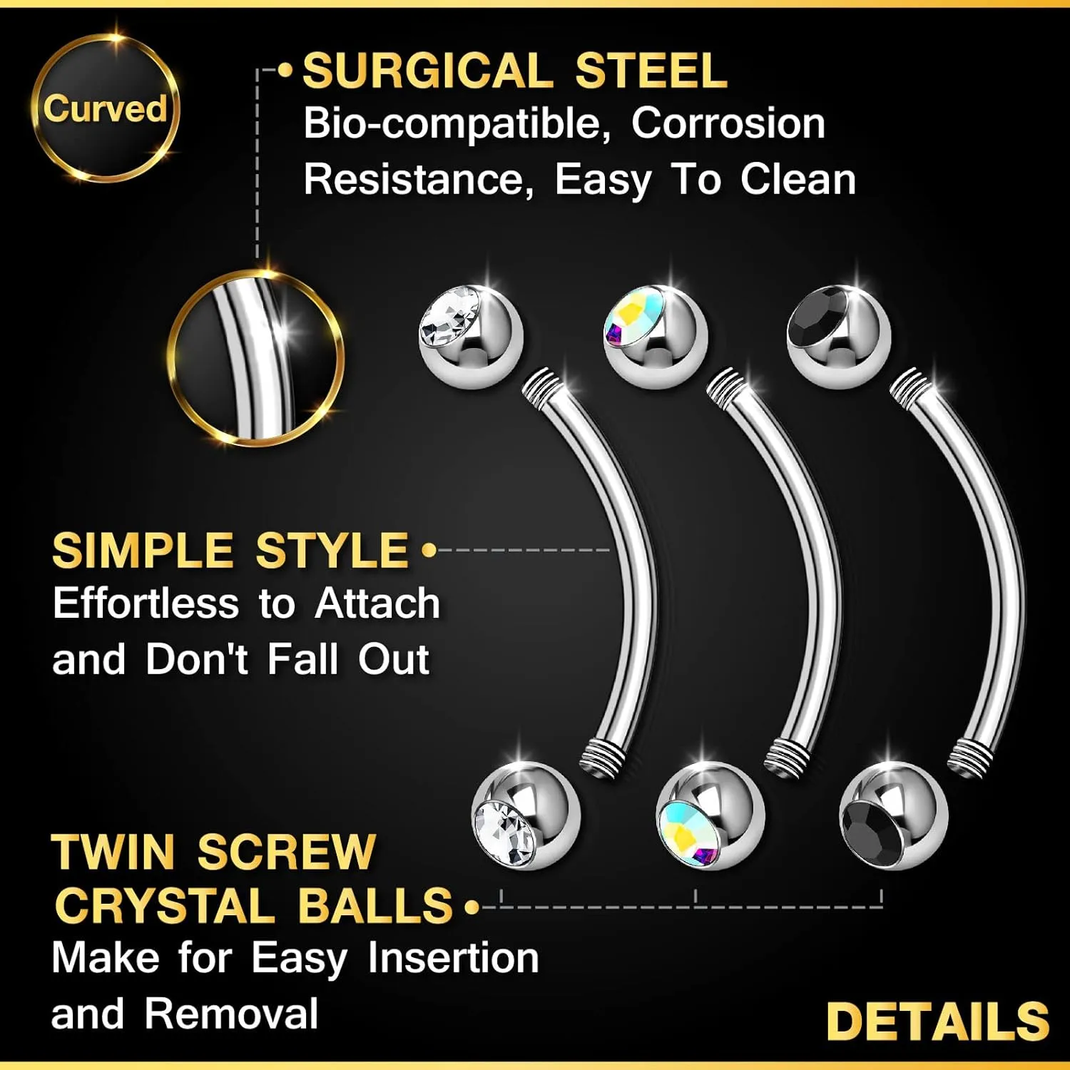 3PCS Surgical Steel Curved Barbell Bar 14 Gauge 5/16 8mm 4mm Crystal Ball Lobe Earrings Tragus Piercing Jewelry Choose Colors