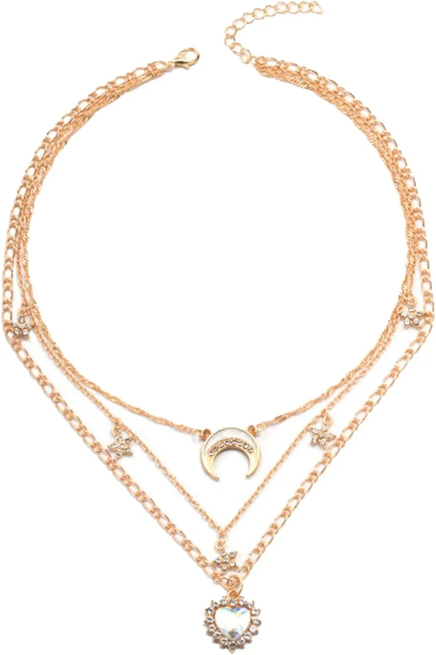 Aktully Star Moon Layered Necklaces for Women Crescent Moon Necklace Rhinestone Star Necklace Boho Moon Tassel Necklace Heart Pendant Necklace for Women Jewelry Gifts