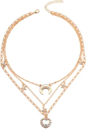 Aktully Star Moon Layered Necklaces for Women Crescent Moon Necklace Rhinestone Star Necklace Boho Moon Tassel Necklace Heart Pendant Necklace for Women Jewelry Gifts