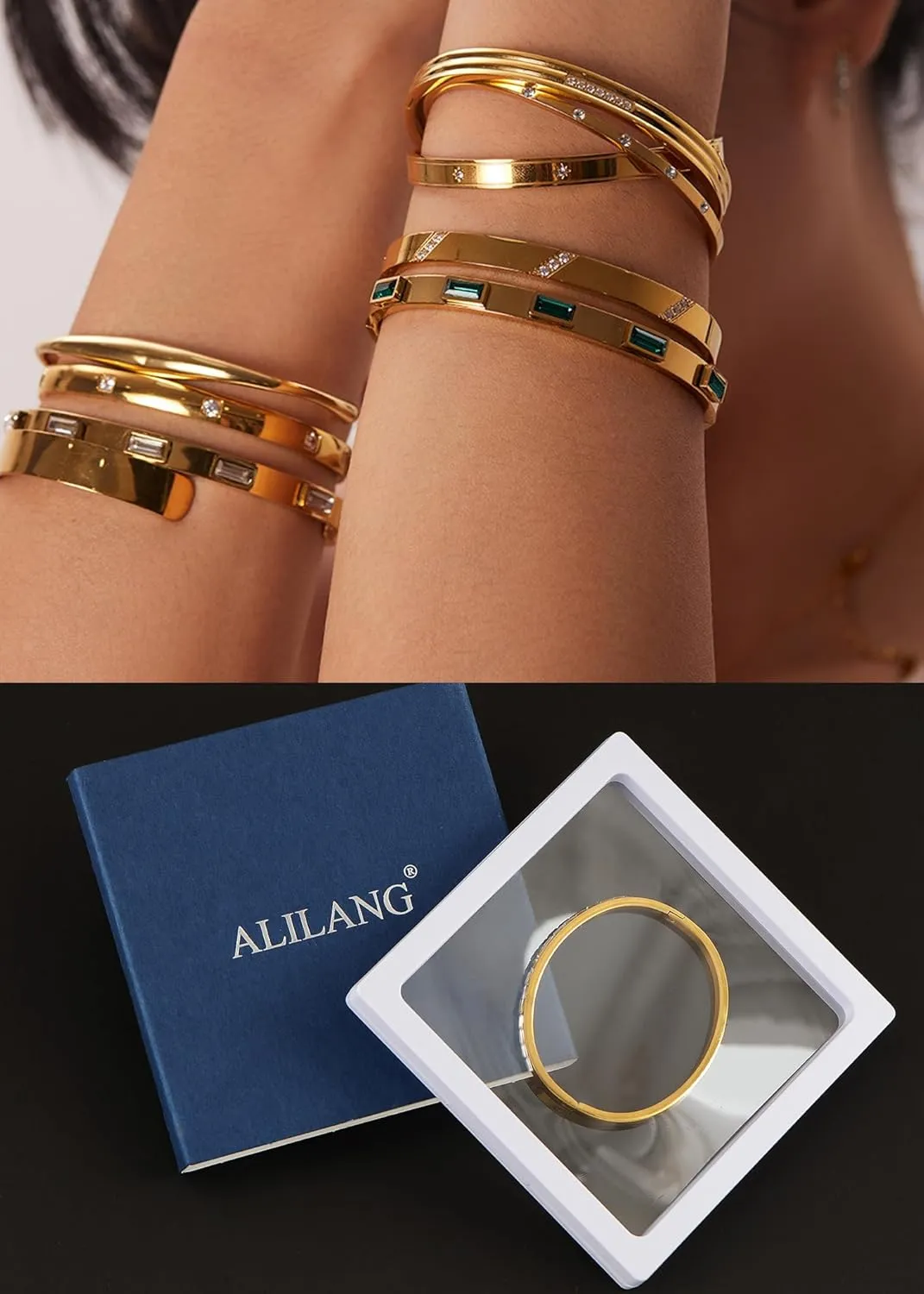Alilang 18K Gold Plated Crystal Rhinestone Bangle Bracelets for Women with Cubic Zirconia  Stainless Steel Bracelet Jewelry for Christmas, Valentines, Birthday