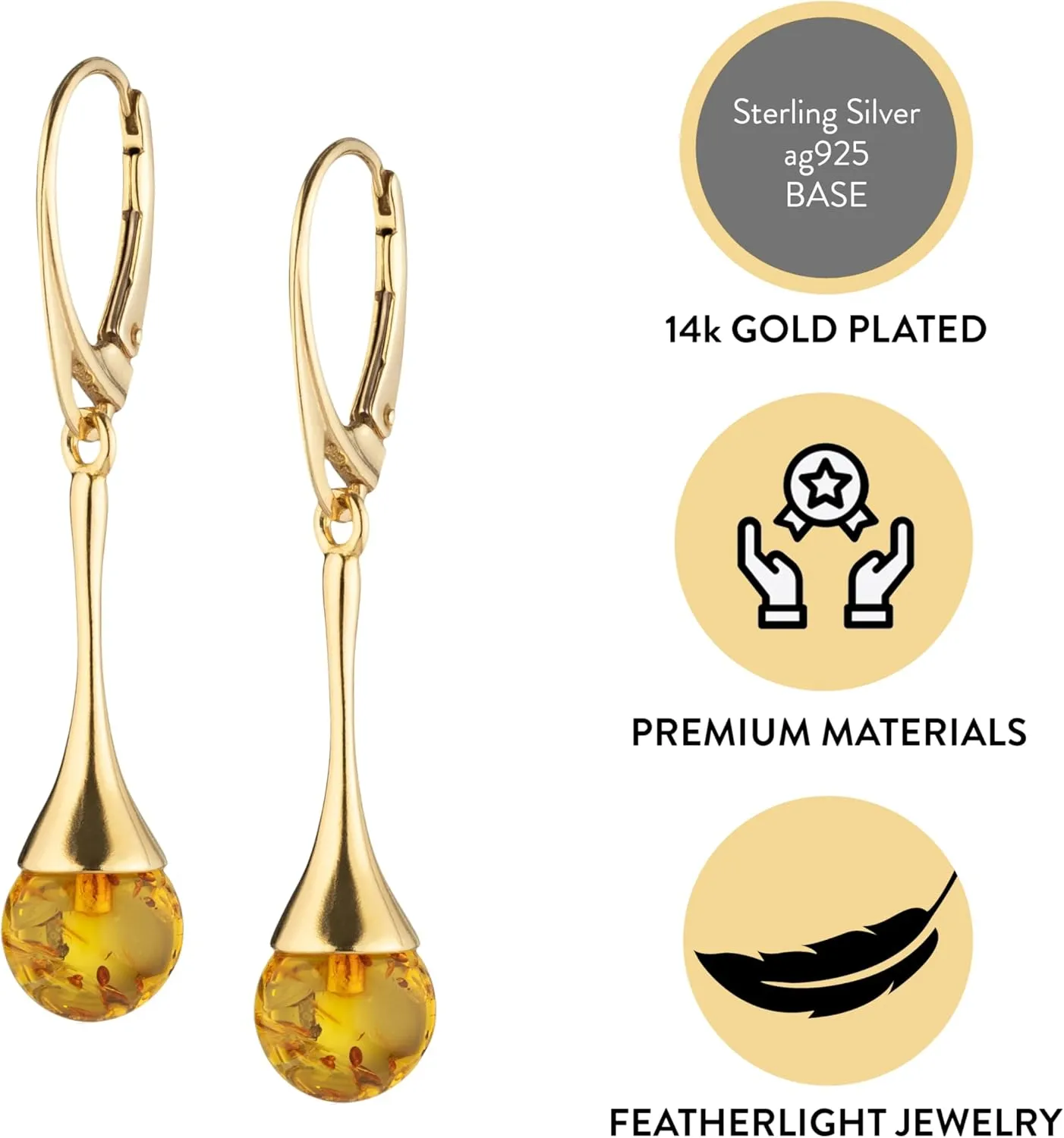 Amber Earrings for Women - Ball Bead with Gold Plated ag925 Sterling Silver, Secure Leverback Closure, Elegant Drop Earrings, Dangle Jewelry for Ladies