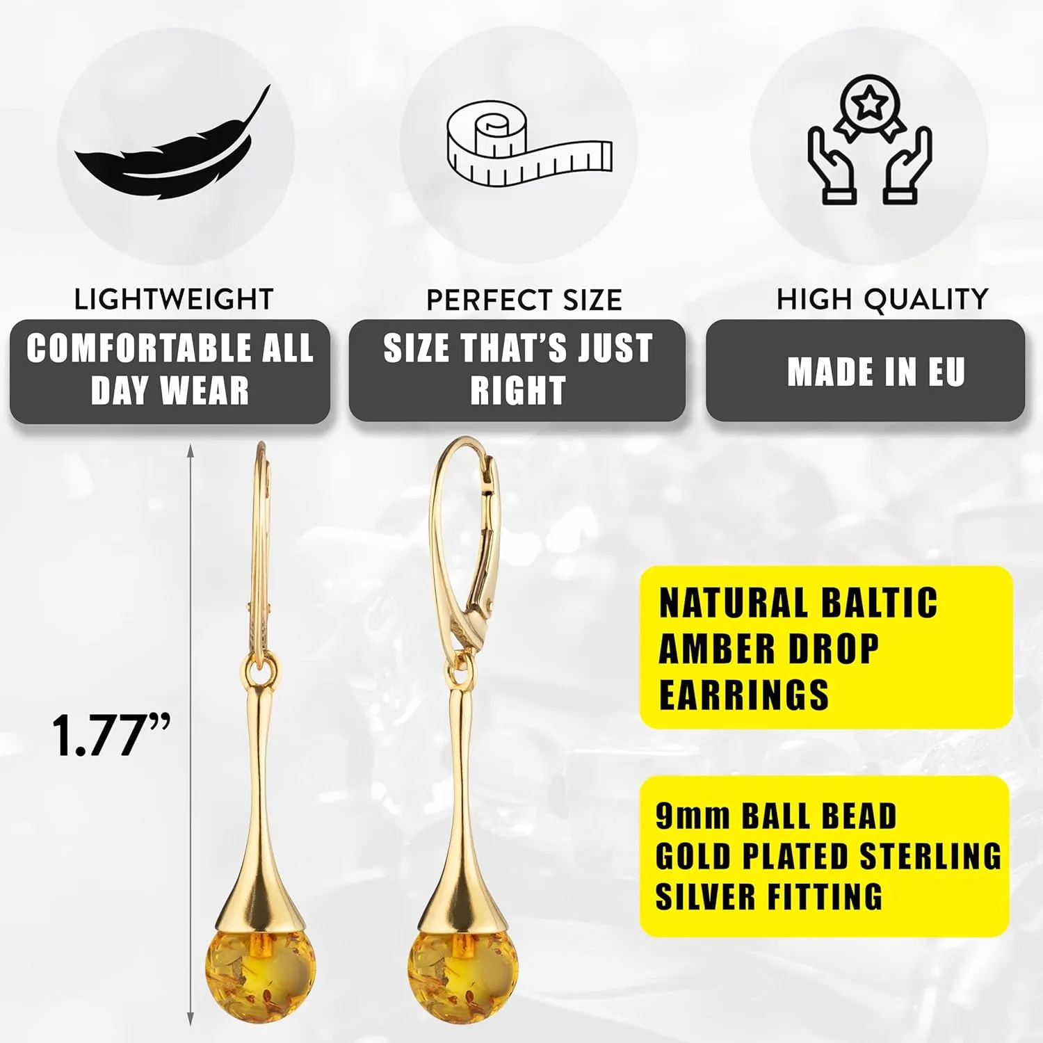 Amber Earrings for Women - Ball Bead with Gold Plated ag925 Sterling Silver, Secure Leverback Closure, Elegant Drop Earrings, Dangle Jewelry for Ladies