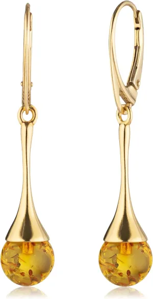 Amber Earrings for Women - Ball Bead with Gold Plated ag925 Sterling Silver, Secure Leverback Closure, Elegant Drop Earrings, Dangle Jewelry for Ladies