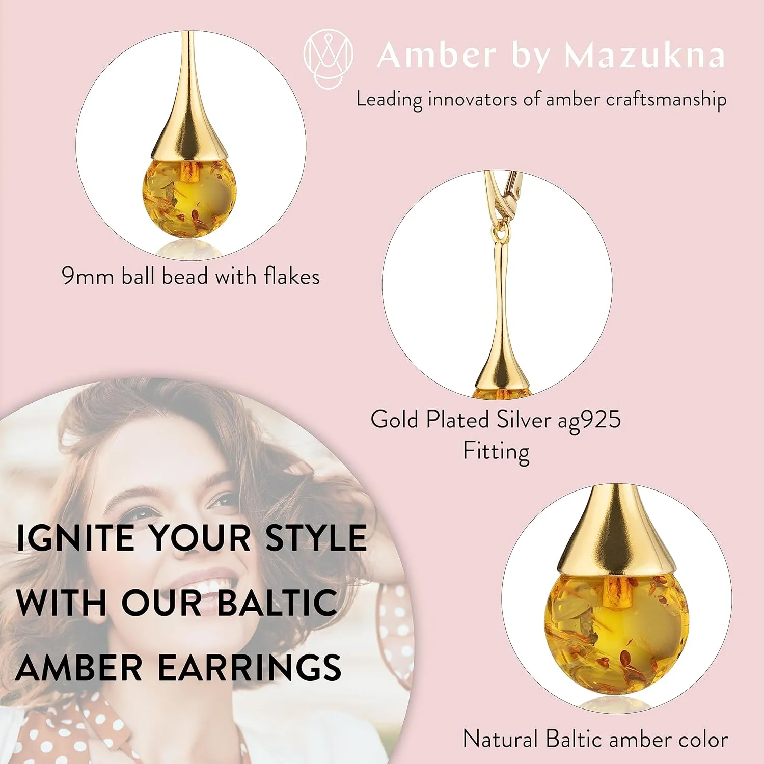 Amber Earrings for Women - Ball Bead with Gold Plated ag925 Sterling Silver, Secure Leverback Closure, Elegant Drop Earrings, Dangle Jewelry for Ladies