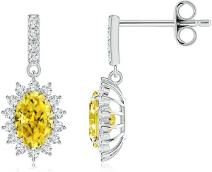 ANGARA Lab Grown Fancy Intense Yellow Diamond Dangle Earrings with Floral Halo in 14K Solid Gold/Platinum | Birthday, Engagement, Anniversary, Wedding Jewelry Gift for Women