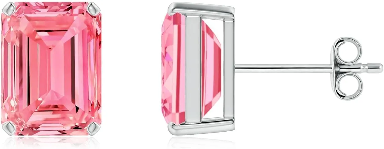 ANGARA Prong-Set Emerald-Cut Lab Grown Fancy Intense Pink Diamond Solitaire Stud Earrings in 14K Solid Gold/Platinum | Birthday, Engagement, Anniversary, Wedding Jewelry Gift for Women