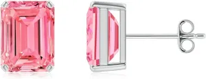 ANGARA Prong-Set Emerald-Cut Lab Grown Fancy Intense Pink Diamond Solitaire Stud Earrings in 14K Solid Gold/Platinum | Birthday, Engagement, Anniversary, Wedding Jewelry Gift for Women