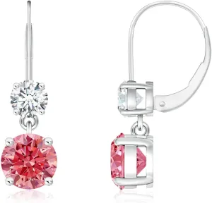 ANGARA Round Lab Grown Fancy Intense Pink Diamond Leverback Dangle Earrings in 14K Solid Gold/Platinum | Birthday, Engagement, Anniversary, Wedding Jewelry Gift for Women