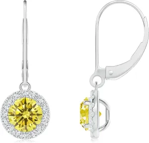 ANGARA Round Lab Grown Fancy Intense Yellow Diamond Leverback Halo Dangle Earrings in 14K Solid Gold/Platinum | Birthday, Engagement, Anniversary, Wedding Jewelry Gift for Women
