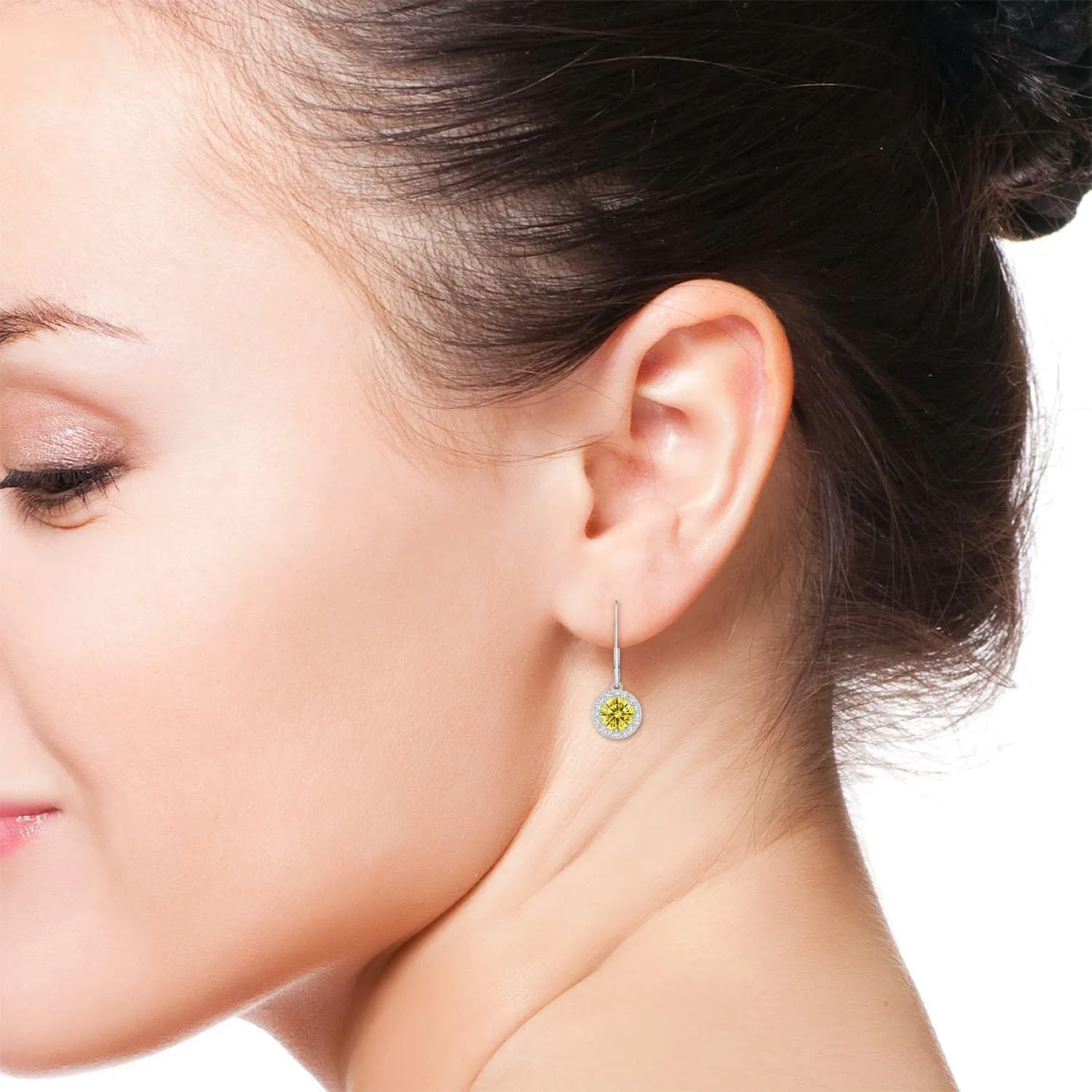 ANGARA Round Lab Grown Fancy Intense Yellow Diamond Leverback Halo Dangle Earrings in 14K Solid Gold/Platinum | Birthday, Engagement, Anniversary, Wedding Jewelry Gift for Women