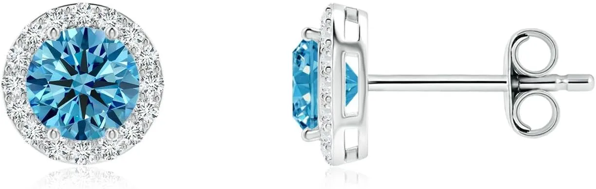 ANGARA Vintage-Inspired Round Lab Grown Fancy Intense Blue Diamond Halo Stud Earrings in 14K Solid Gold/Platinum | Birthday, Engagement, Anniversary, Wedding Jewelry Gift for Women