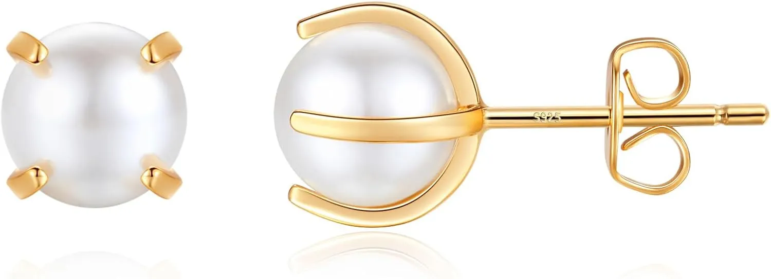 Angelstones 18K Gold Plated Sterling Silver Stud Earrings, Pearl Earrings for Women