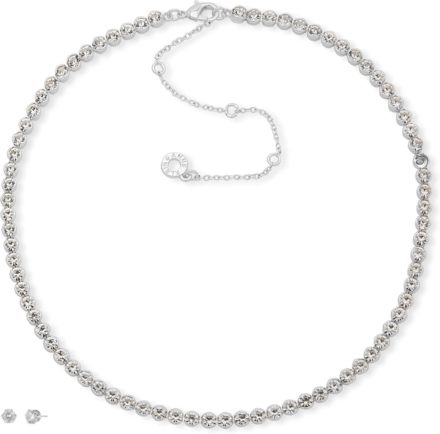 Anne Klein Silver Tone Clear Crystal Round Stone 16" Tennis Necklace Earrings Set