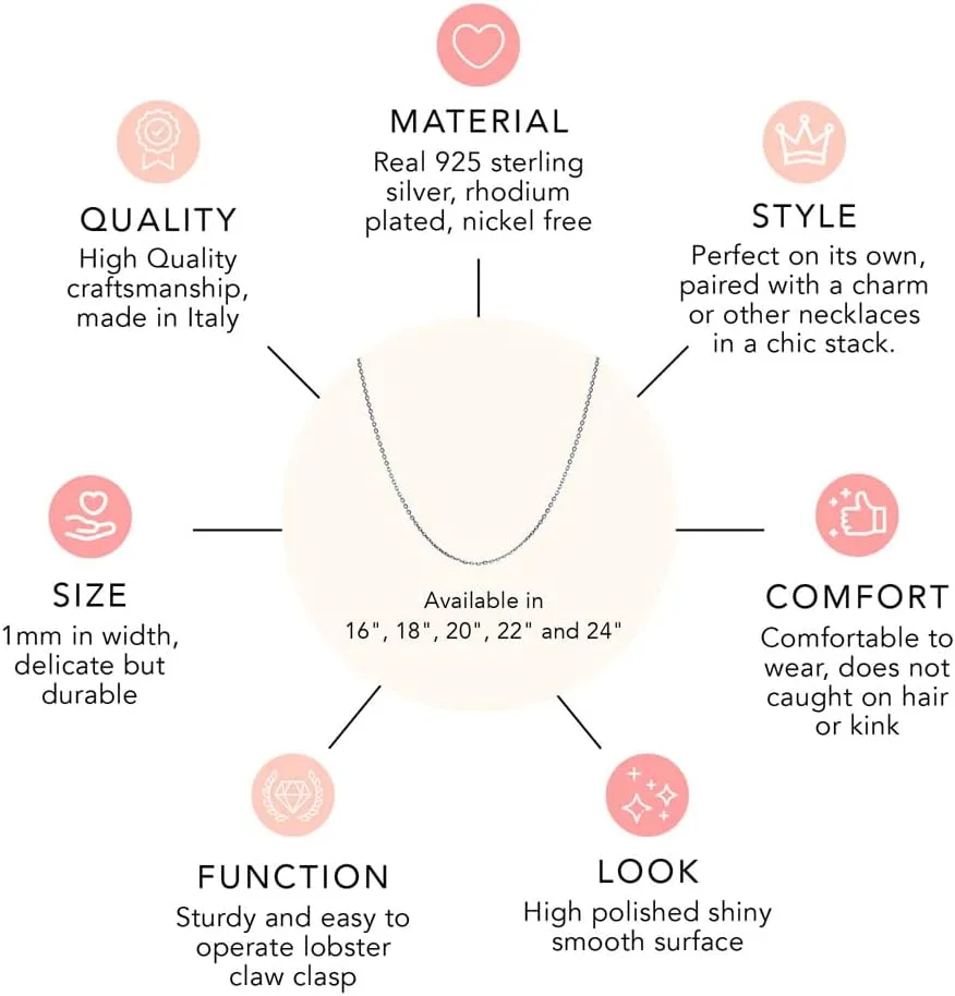 BERRICLE Italian Sterling Silver Rolo Chain Necklace for Women, 3 Piece (Rose Gold Flashed, Yellow Gold Flashed, Rhodium Plated)