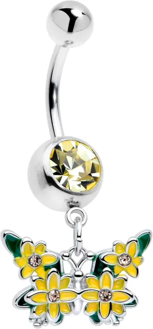 Body Candy Dangle Belly Ring - 316L Stainless Steel Navel Ring Piercing Blooming Butterfly Belly Button Ring for Women Men