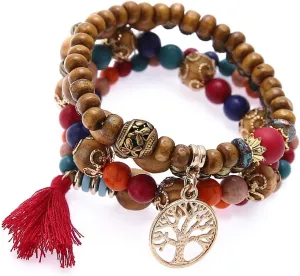 Bohemian Tassel Stretch Beaded Bracelet for Women Girls Crystal Strand Bangle Charm Multilayer Stackable Bracelet