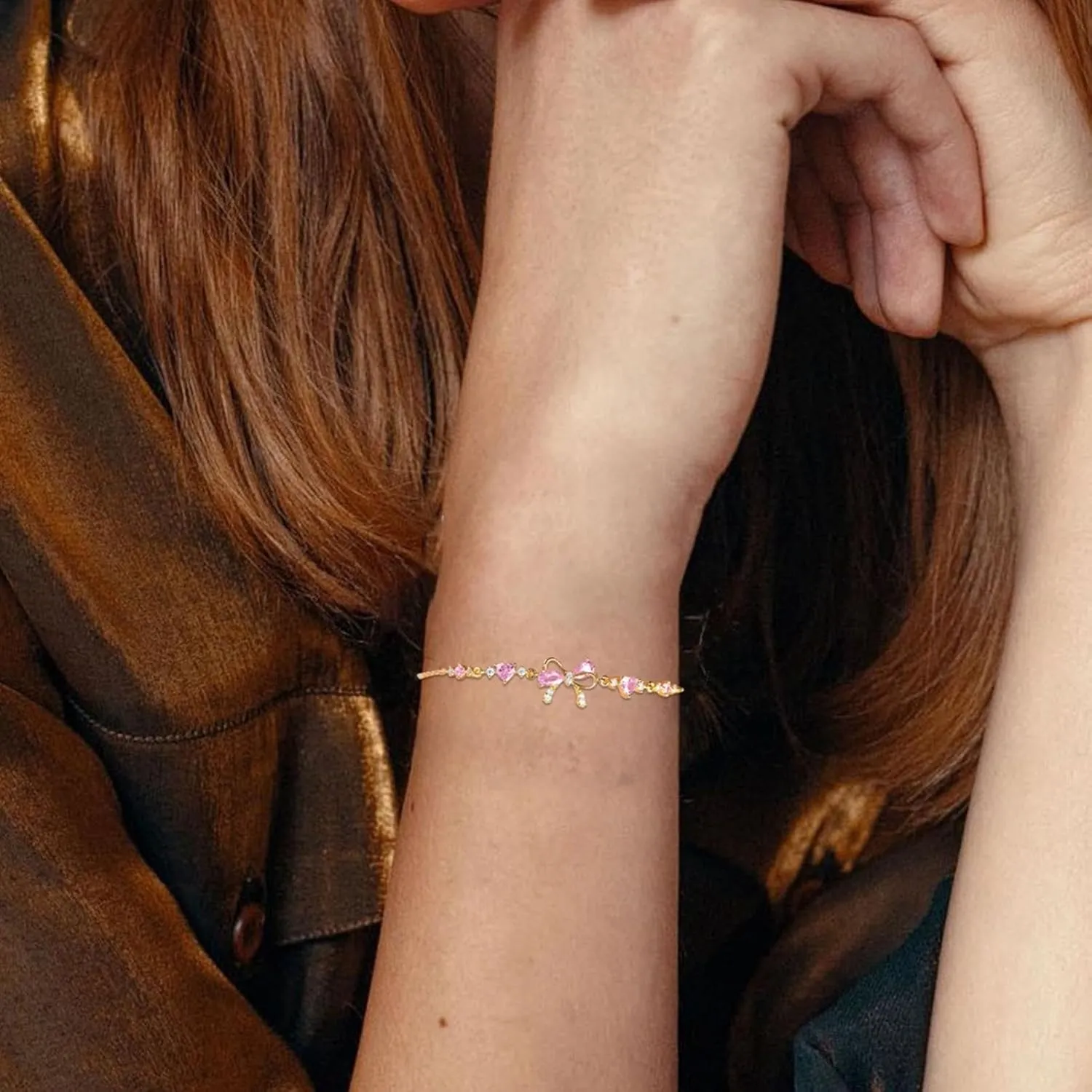 Bow Bracelet for Women, Adjustable Bow Beaded Chain Zircon Bracelet, Dainty Friendship Bracelet for Women Fashion Trendy Gifts Jewelry