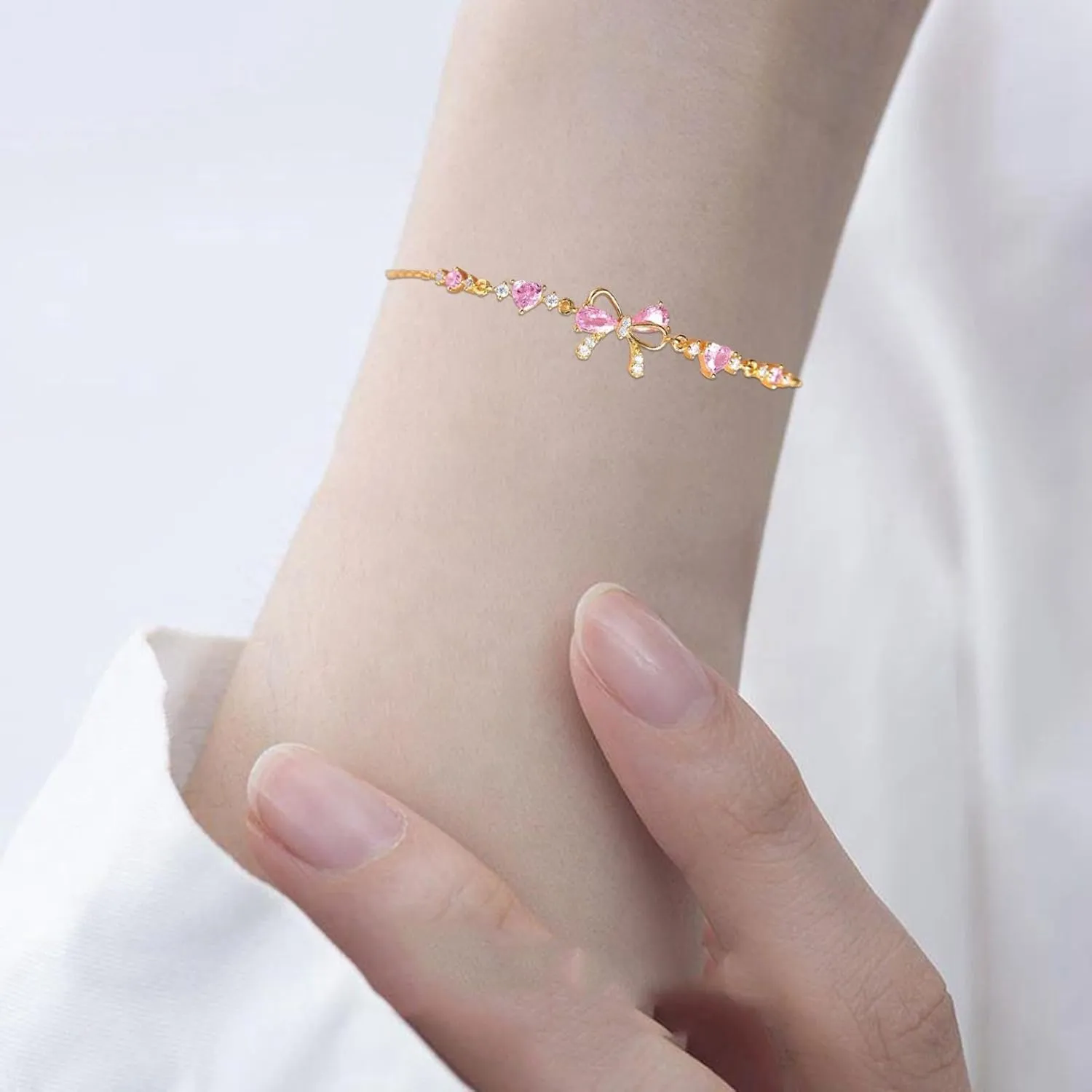 Bow Bracelet for Women, Adjustable Bow Beaded Chain Zircon Bracelet, Dainty Friendship Bracelet for Women Fashion Trendy Gifts Jewelry
