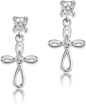 Cherished Moments Children's Sterling Silver Cultured Pearl or CZ, Dangling Cross Earrings with Screw Backs for Baptism, Christening, First Communion Gift for Babies, Kids, Toddlers, and Little Girls