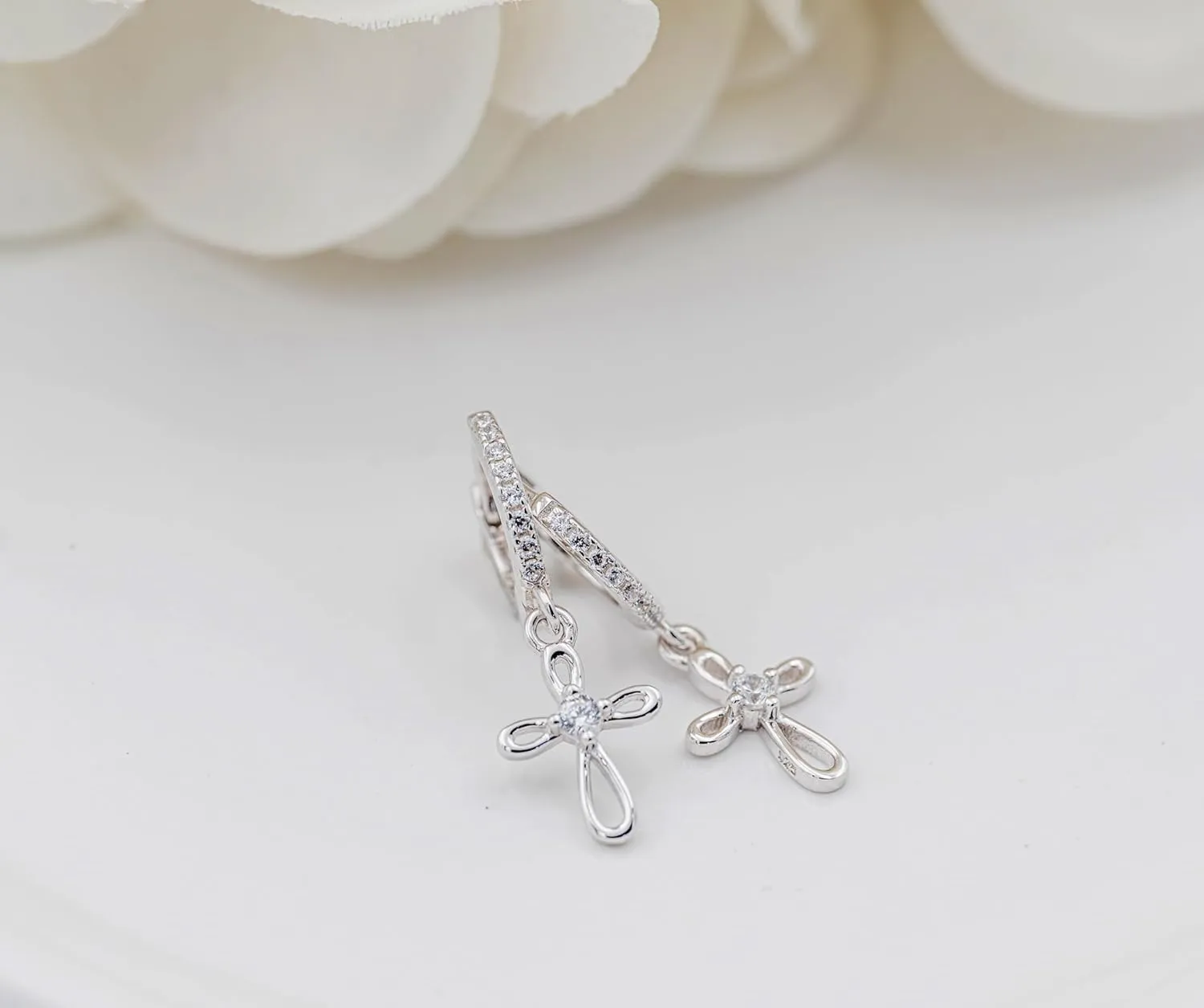 Cherished Moments Girls Sterling Silver Huggie Earrings with Drop Heart or Cross for Kids, Teens or Women