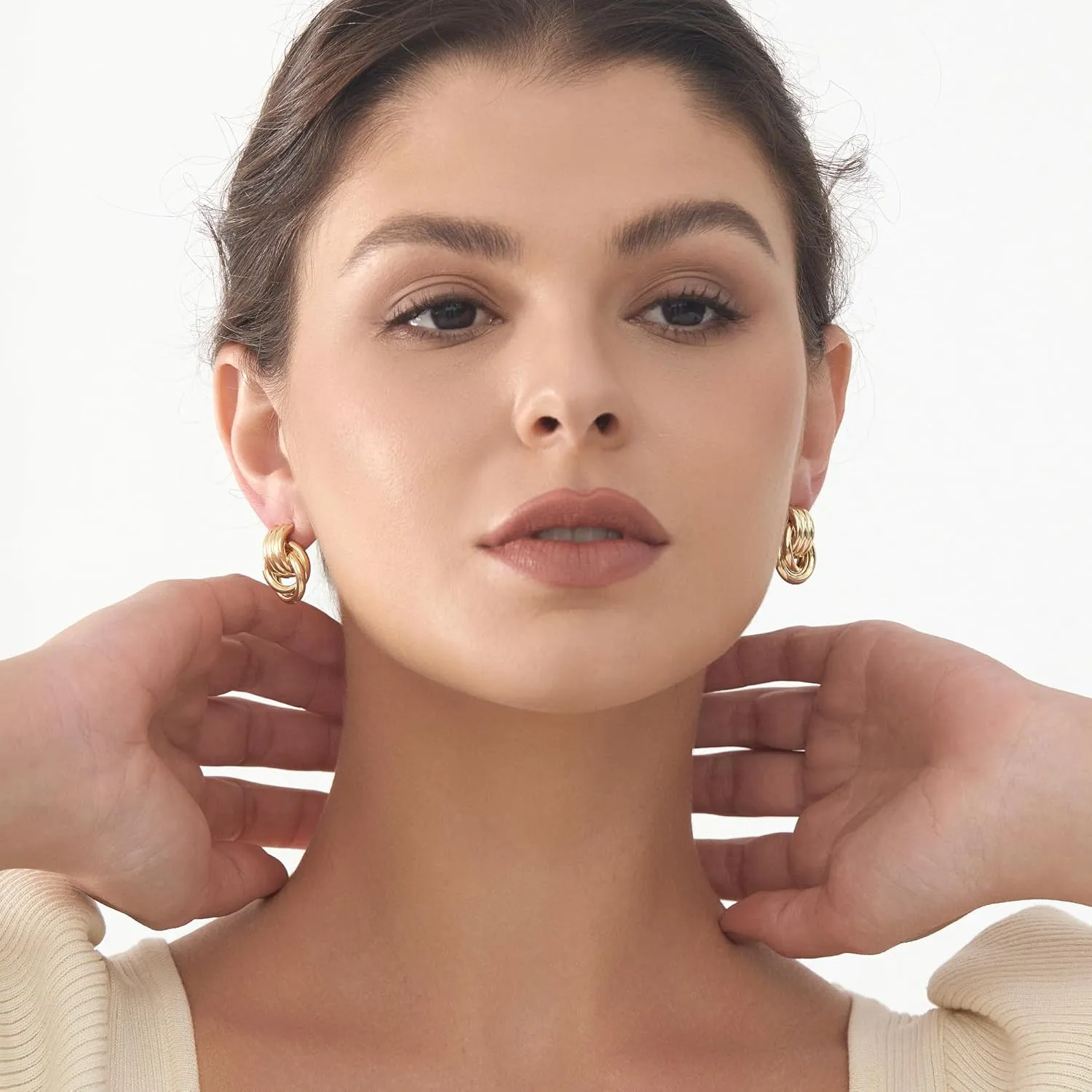 Double Hoop Gold Earrings for Women CZ Paperclip Drop Dangle Earrings, Sterling Silver Posts Studs for Women Trendy Designer Jewelry