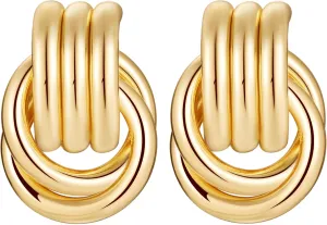 Double Hoop Gold Earrings for Women CZ Paperclip Drop Dangle Earrings, Sterling Silver Posts Studs for Women Trendy Designer Jewelry