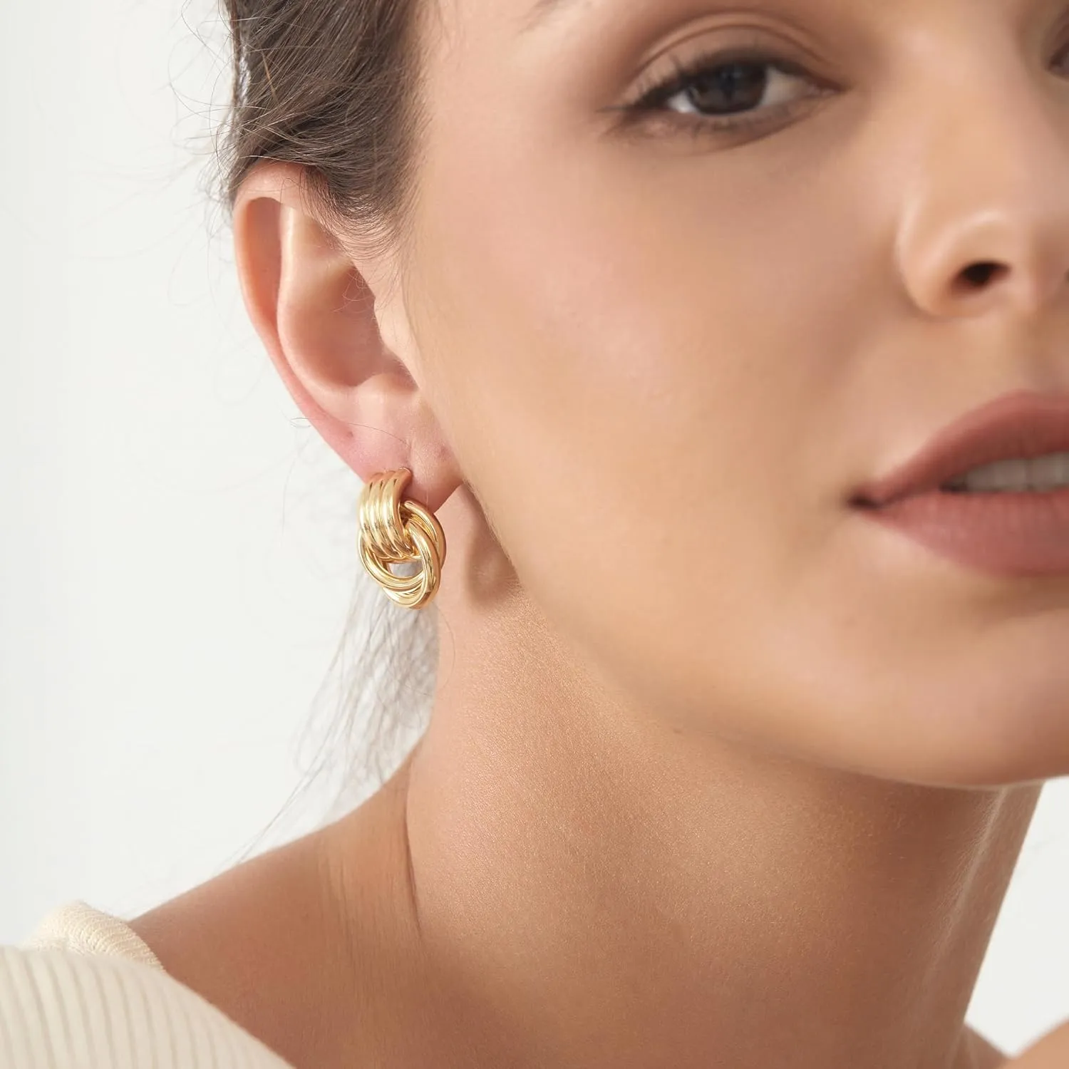 Double Hoop Gold Earrings for Women CZ Paperclip Drop Dangle Earrings, Sterling Silver Posts Studs for Women Trendy Designer Jewelry