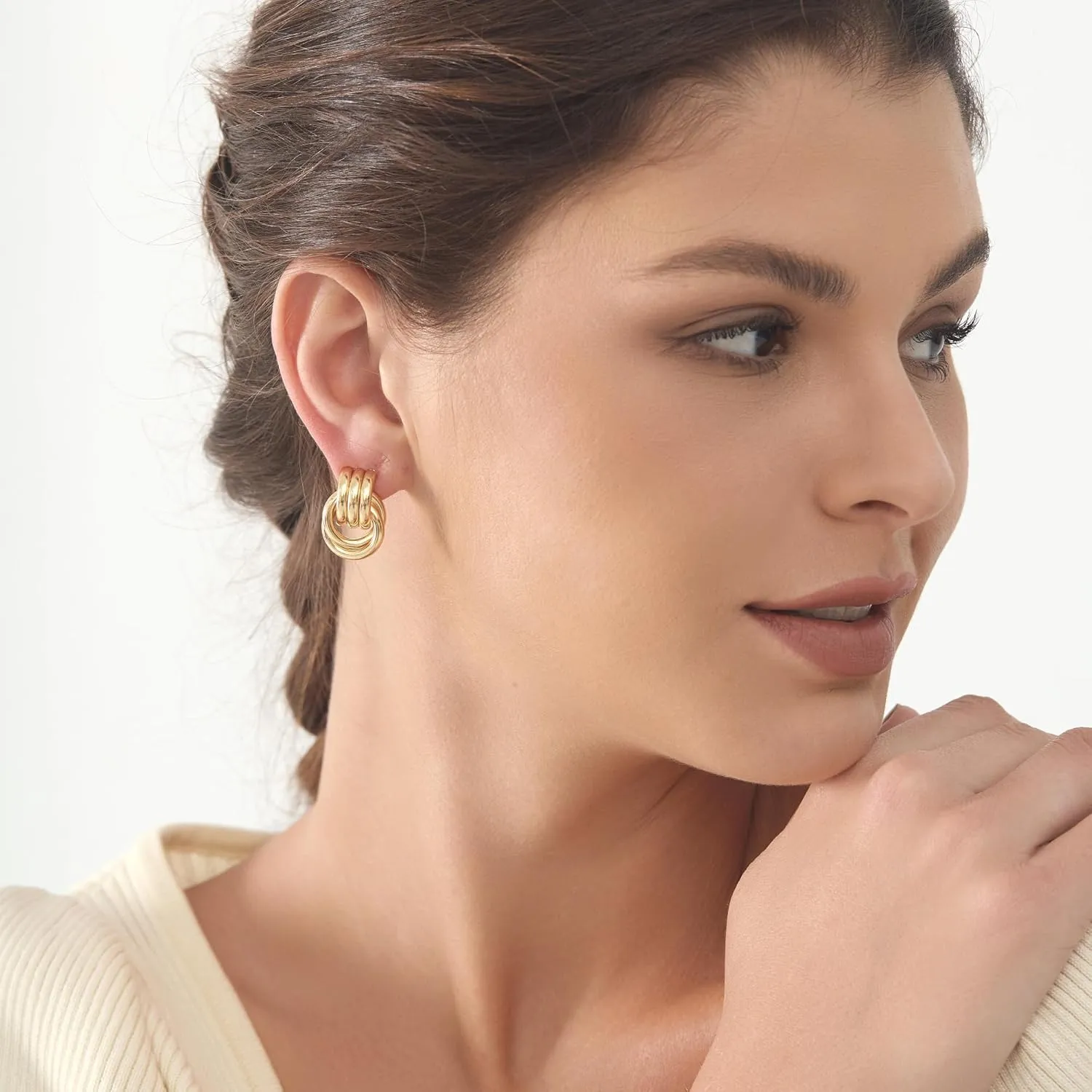 Double Hoop Gold Earrings for Women CZ Paperclip Drop Dangle Earrings, Sterling Silver Posts Studs for Women Trendy Designer Jewelry