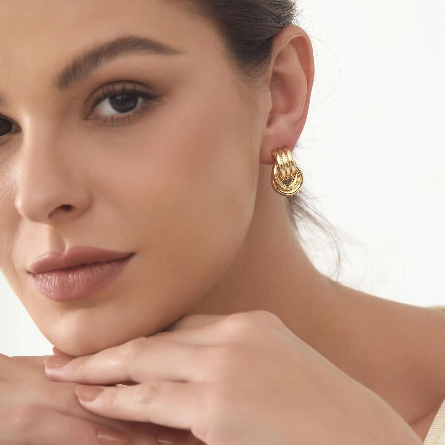 Double Hoop Gold Earrings for Women CZ Paperclip Drop Dangle Earrings, Sterling Silver Posts Studs for Women Trendy Designer Jewelry
