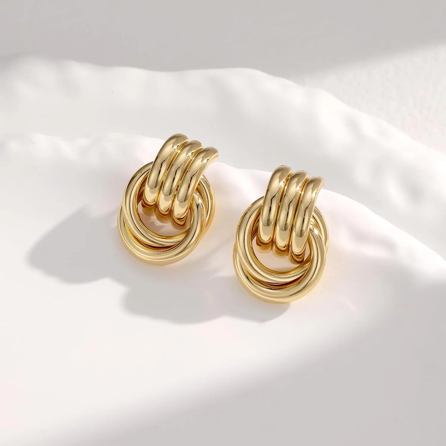 Double Hoop Gold Earrings for Women CZ Paperclip Drop Dangle Earrings, Sterling Silver Posts Studs for Women Trendy Designer Jewelry