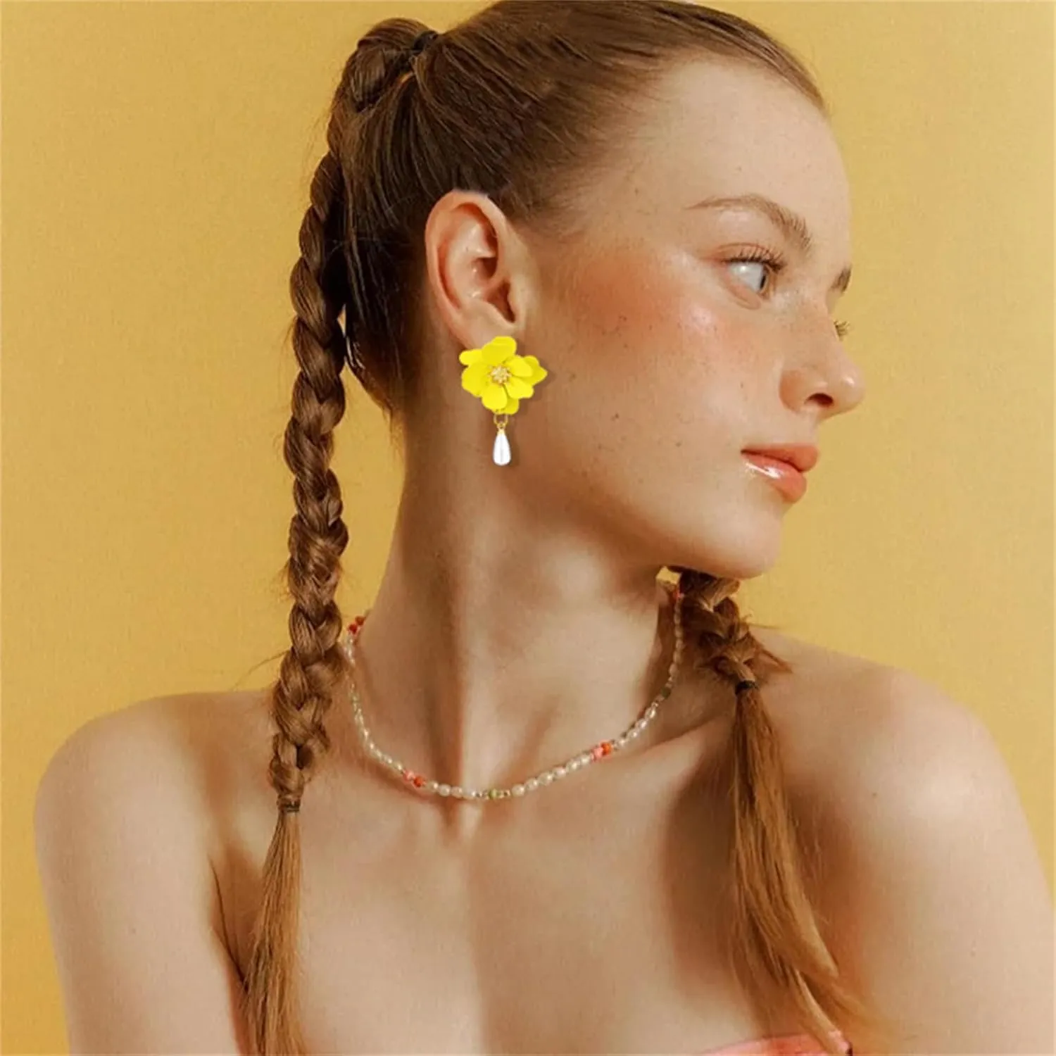 Dreuyet Bohemian Pearl Matte Flower Earring And Necklace Set For Women Elegant Layered Tiered Floral Petal Pearl Drop Dangle Earrings Charming Daisy Flower With White Pearls Earring Summer Holiday Wedding Jewelry