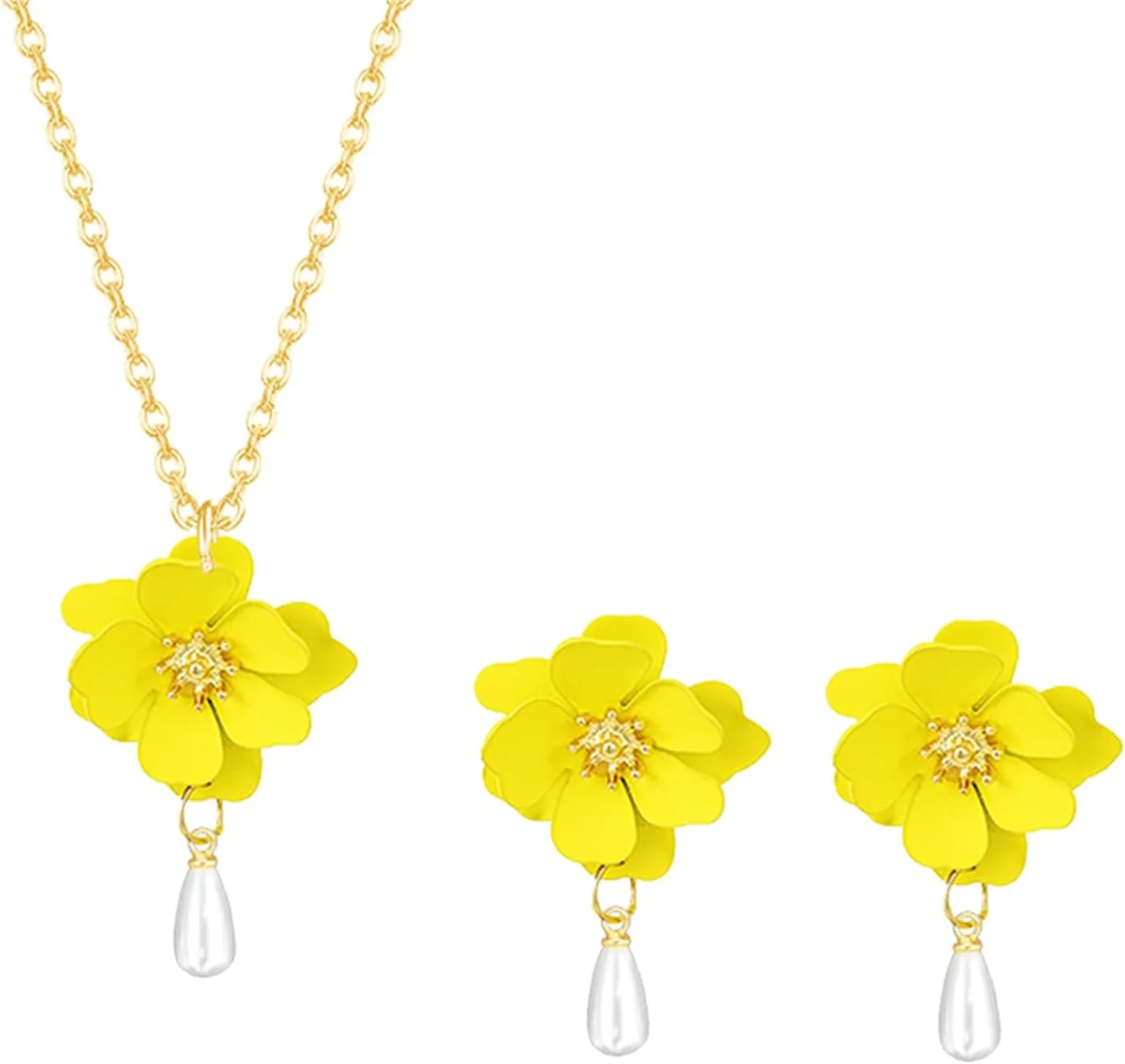 Dreuyet Bohemian Pearl Matte Flower Earring And Necklace Set For Women Elegant Layered Tiered Floral Petal Pearl Drop Dangle Earrings Charming Daisy Flower With White Pearls Earring Summer Holiday Wedding Jewelry